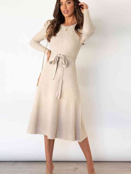 Round Neck Long Sleeve Tie Waist Sweater Dress