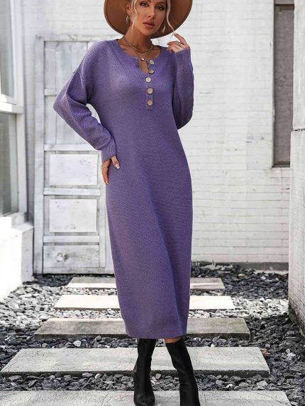 Notched Neck Dropped Shoulder Button-Down Midi Dress